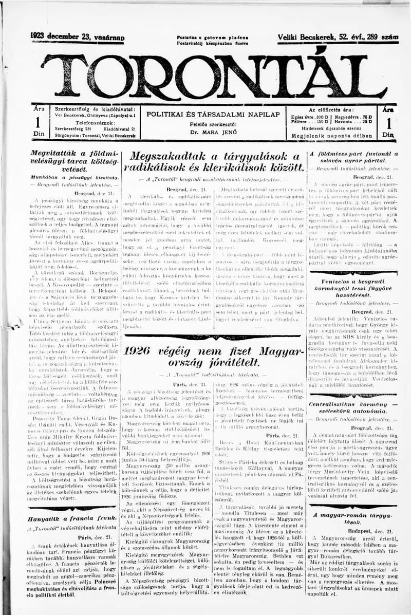 Torontál, 52. évf. 1923. december 23. 289. sz.