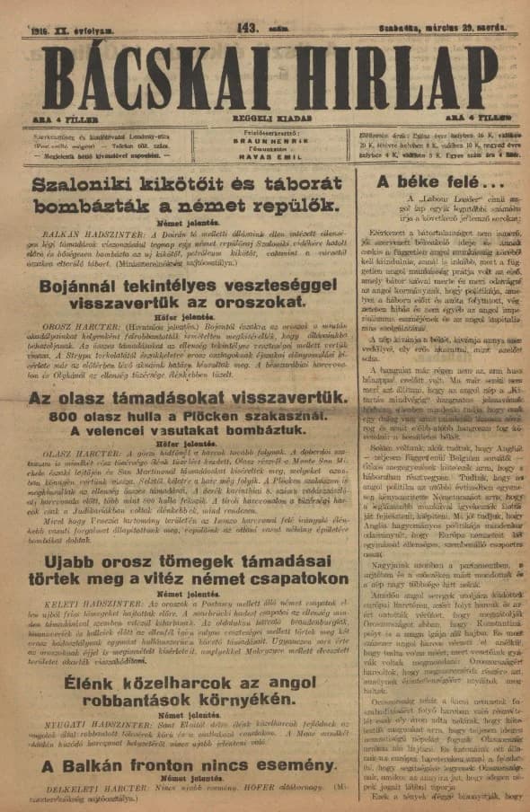 Bácskai Hirlap, 20. évf. 1916. március 29. 143. sz.
