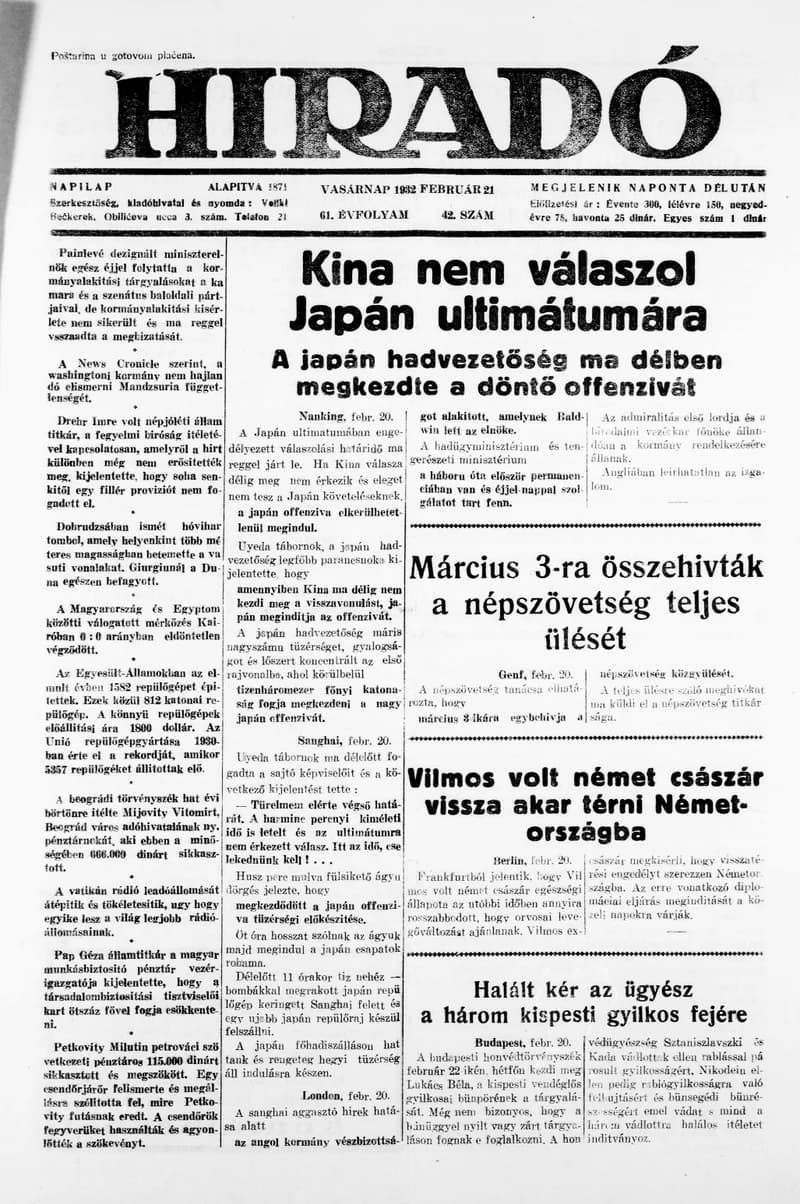 Híradó, 61. évf. 1932. február 21. 42. sz.
