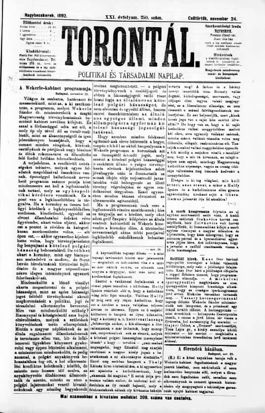 Torontál, 21. évf. 1892. november 24. 250. sz.