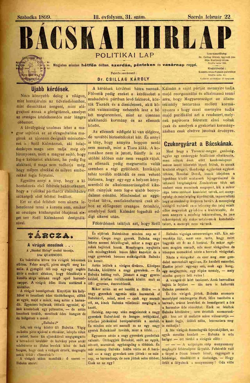 Bácskai Hirlap, 3. évf. 1899. február 22. 31. sz.