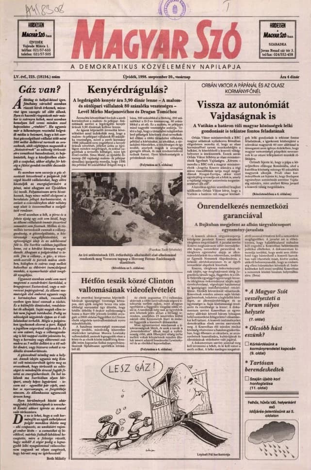 Magyar Szó, 55. évf. 1998. szeptember 20. 225. sz. 1–24. oldal