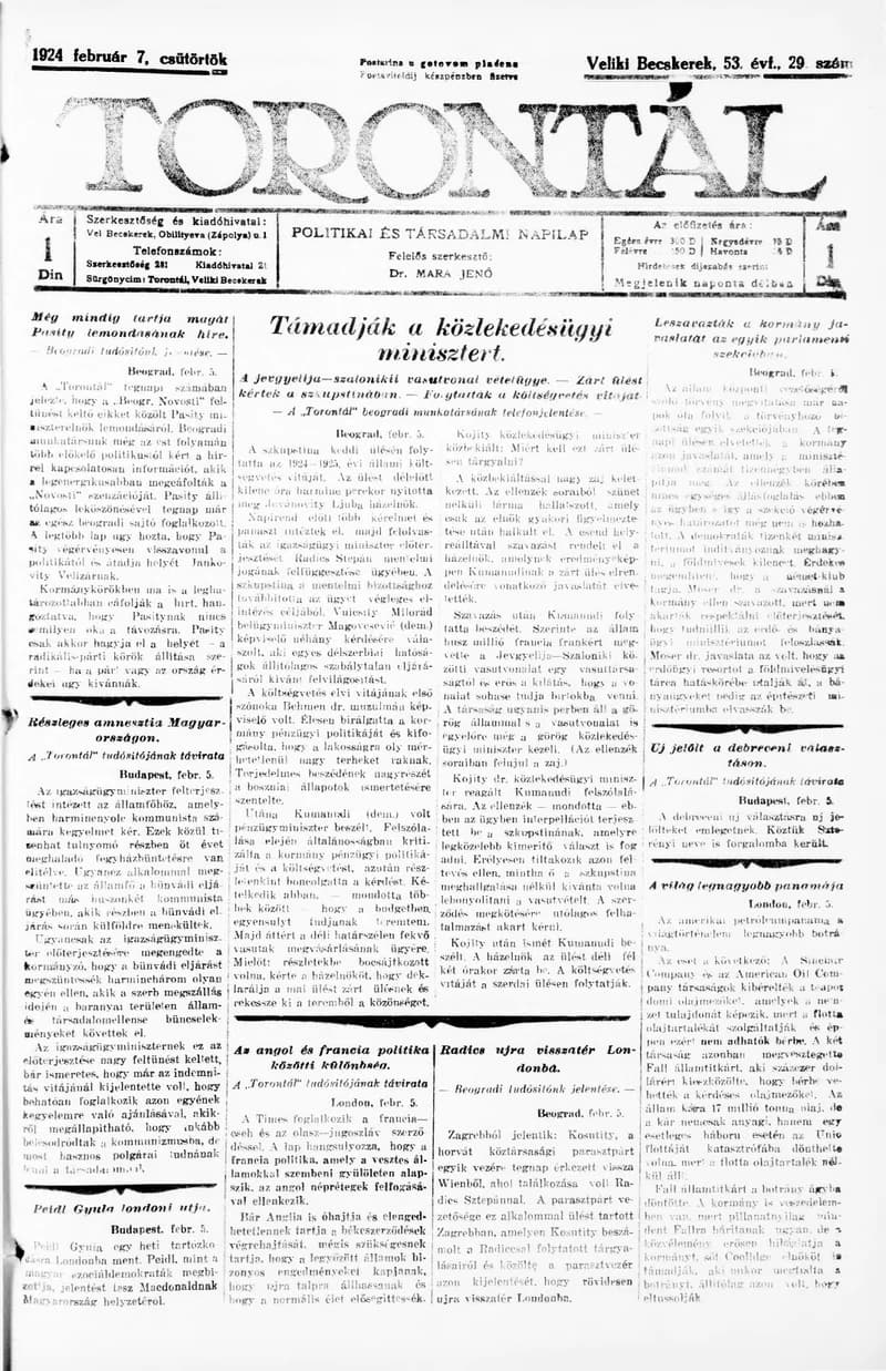 Torontál, 53. évf. 1924. február 7. 29. sz.