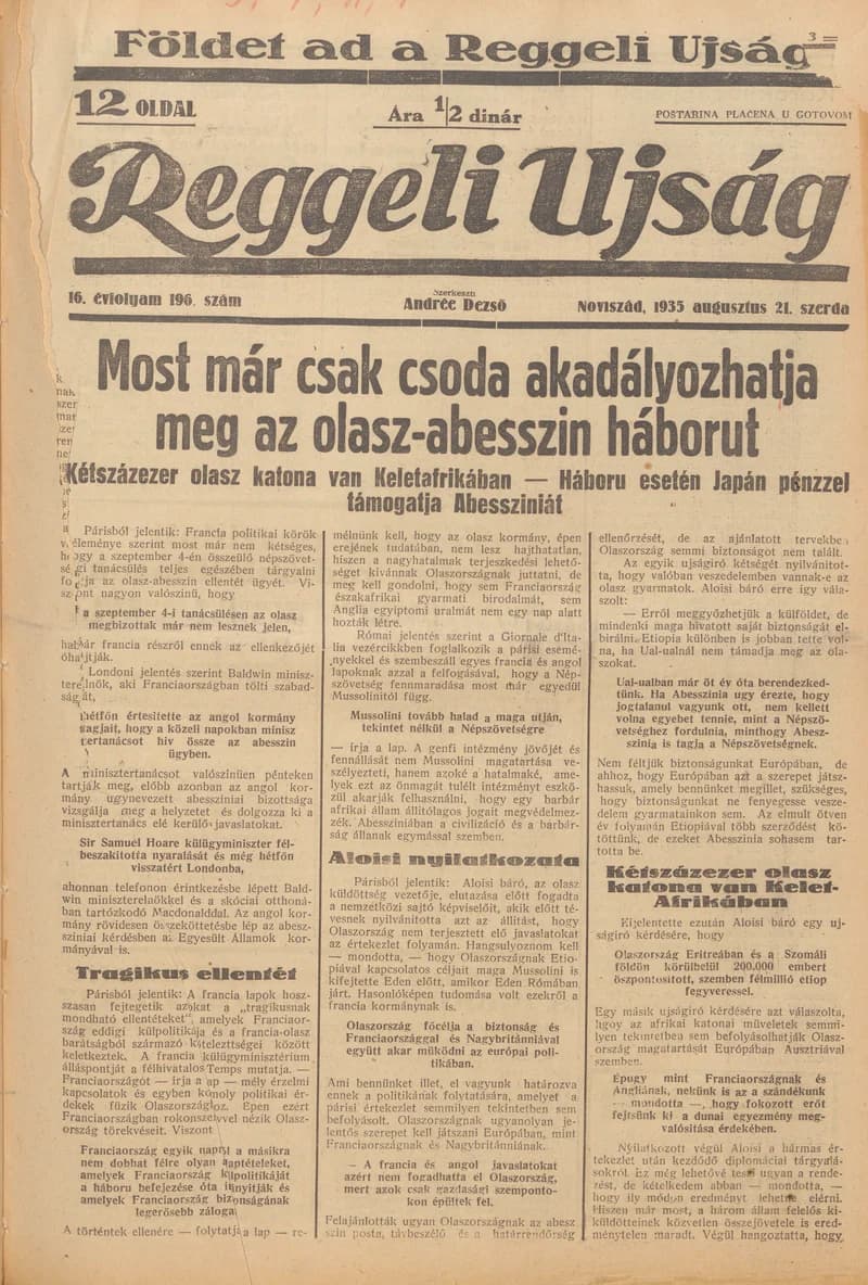 Reggeli Újság, 16. évf. 1935. augusztus 21. 196. sz.