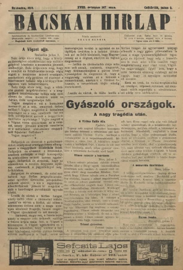 Bácskai Hirlap, 18. évf. 1914. július 2. 147. sz.