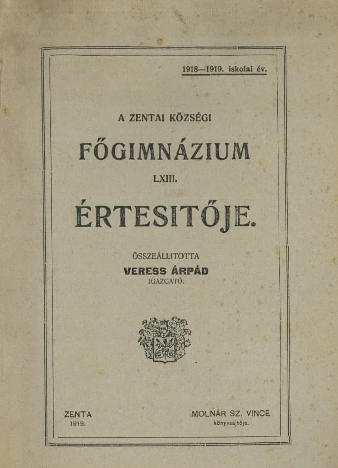 A Zentai Községi Főgimnázium LXIII. értesítője