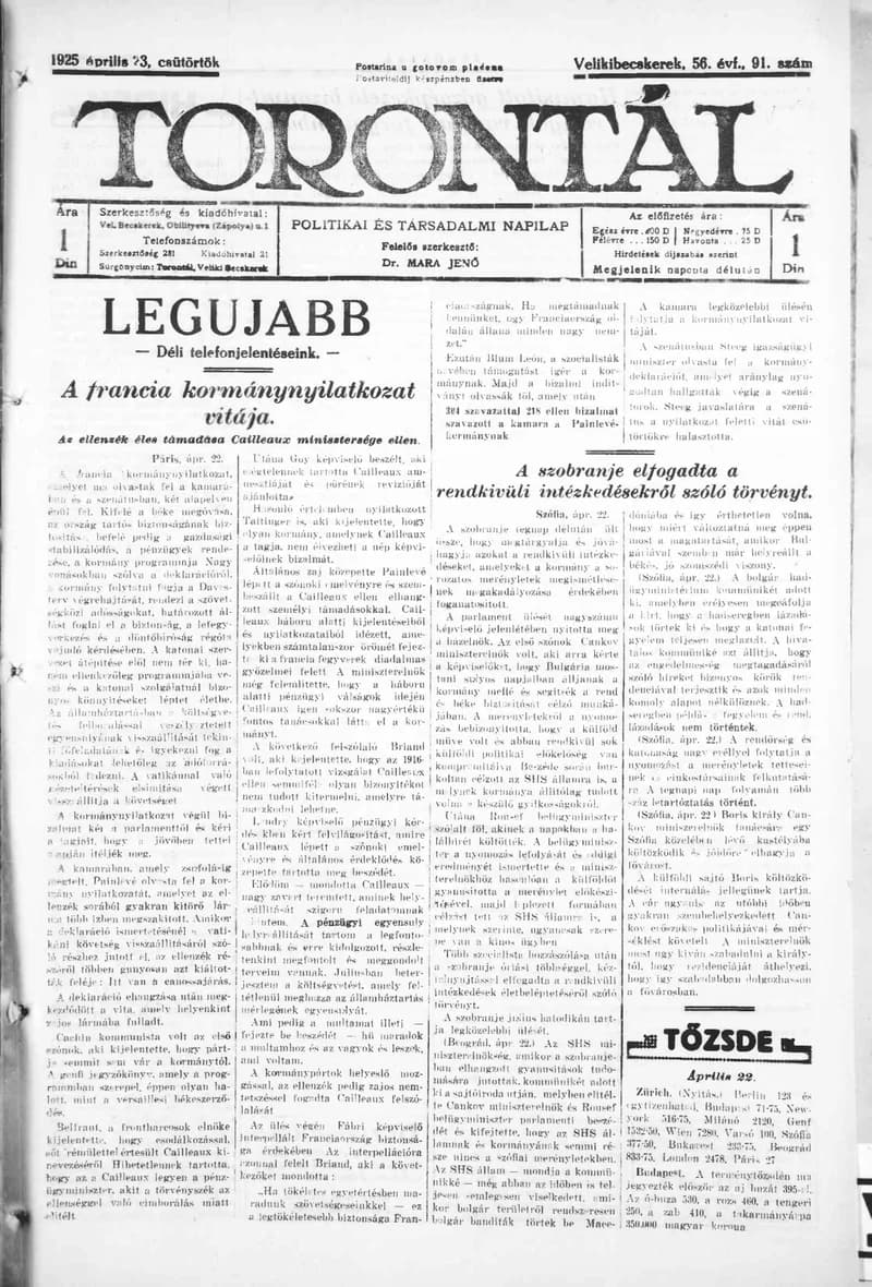 Torontál, 54. évf. 1925. április 23. 91. sz.