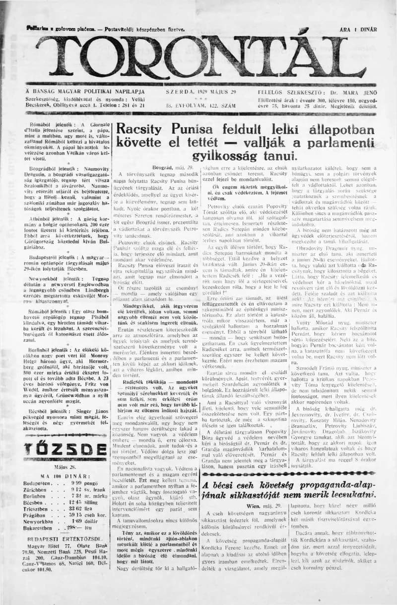 Torontál, 58. évf. 1929. május 29. 122. sz.