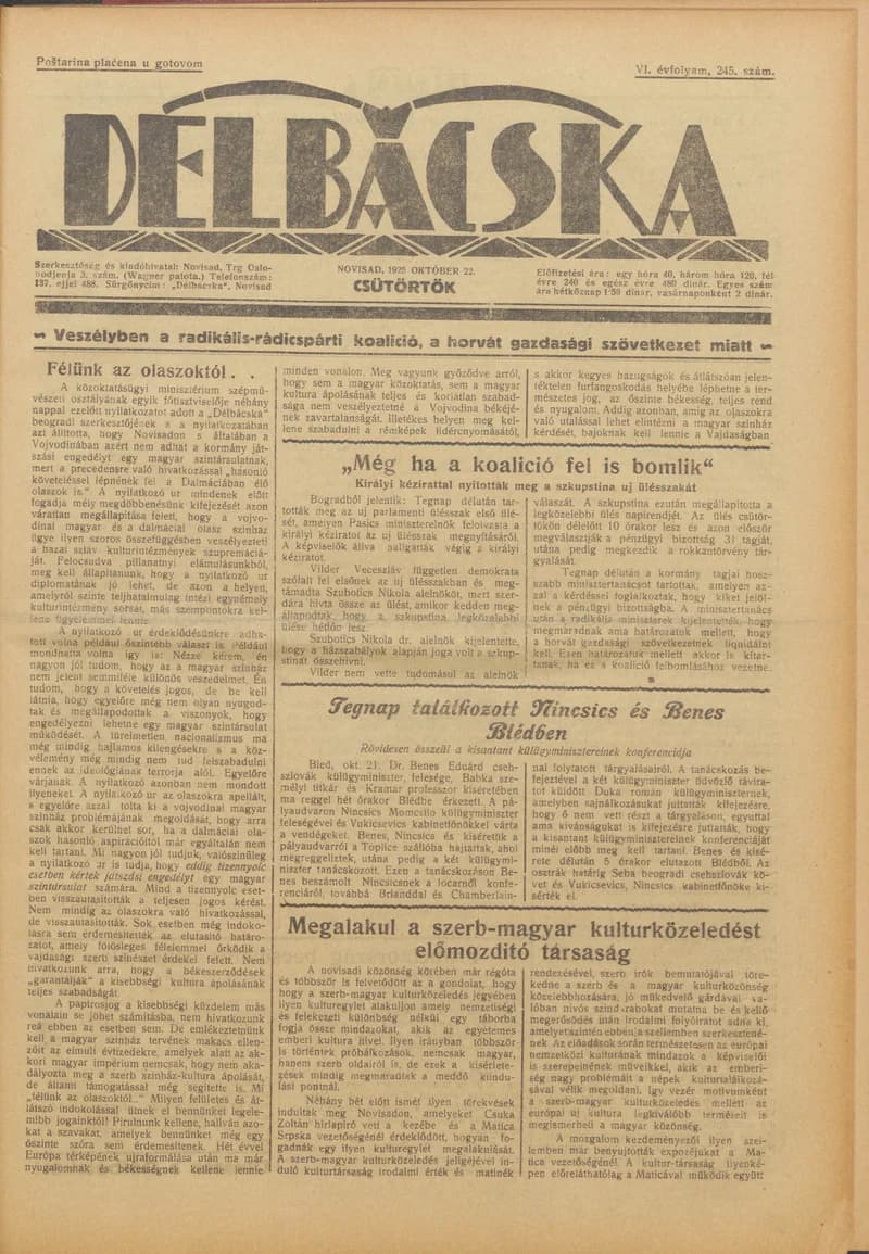 Délbácska, 6. évf. 1925. október 22. 245. sz.