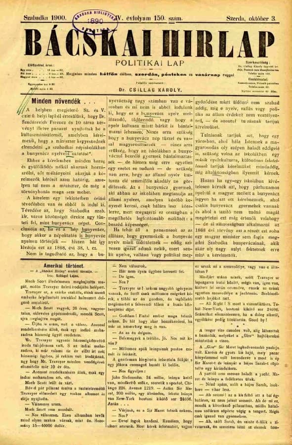 Bácskai Hirlap, 4. évf. 1900. október 3. 150. sz.