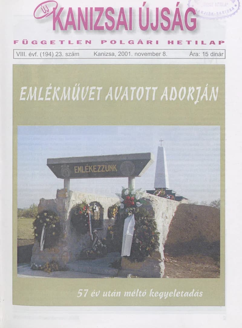 Új Kanizsai Újság, 8. évf. 2001. november 8. 23. sz.