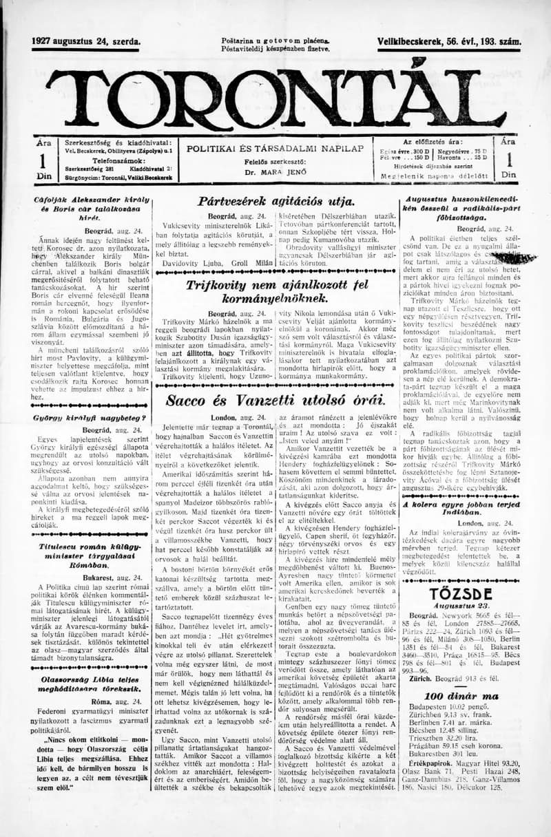Torontál, 56. évf. 1927. augusztus 24. 193. sz.