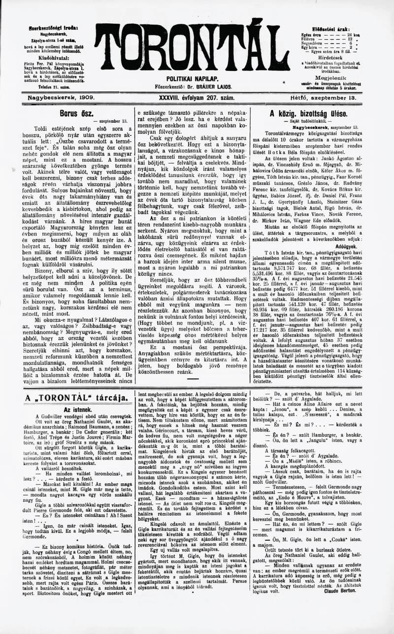 Torontál, 38. évf. 1909. szeptember 13. 207. sz.