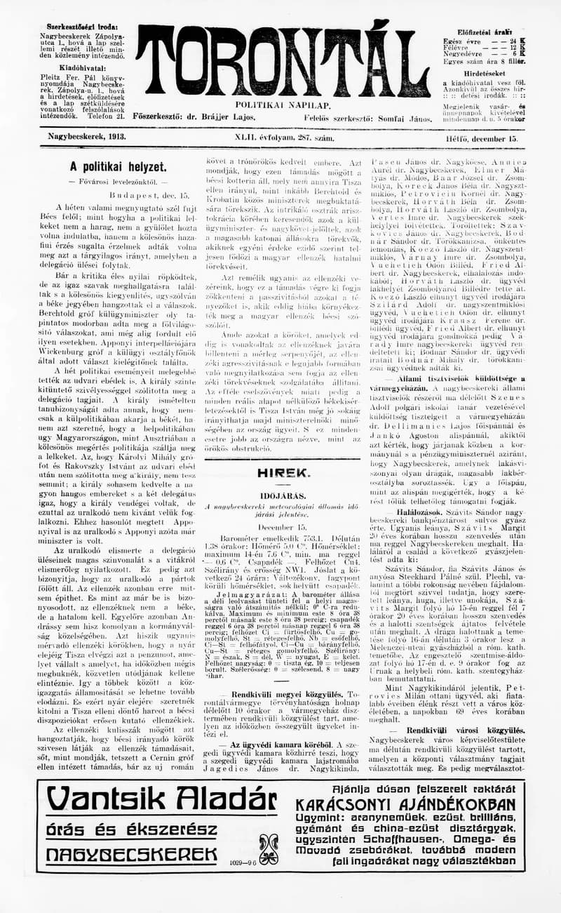 Torontál, 42. évf. 1913. december 15. 287. sz.