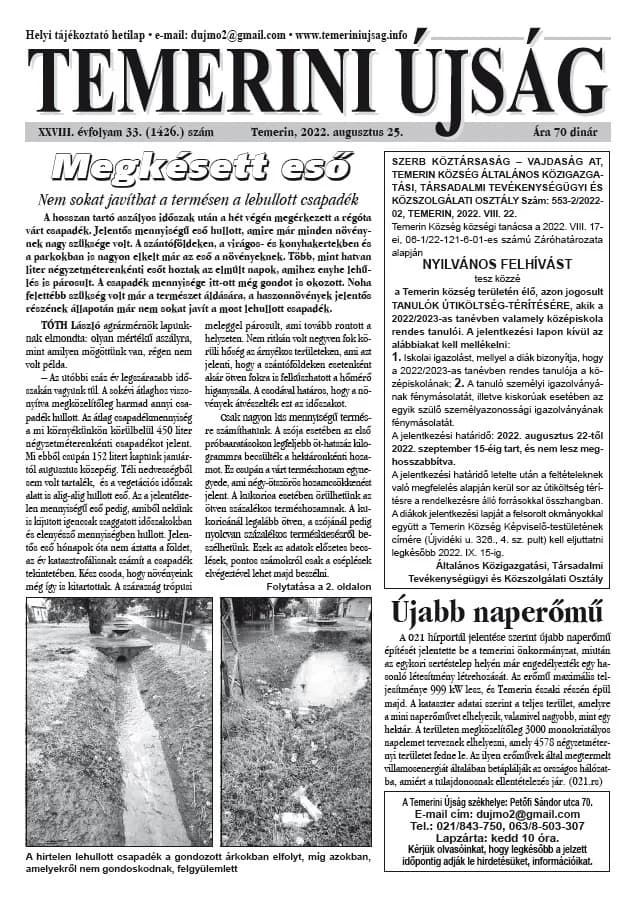 Temerini Újság, 28. évf. 2022. augusztus 25. 33. sz.