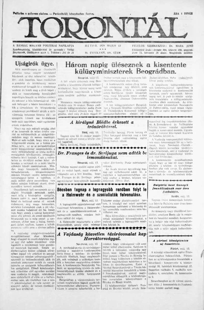 Torontál, 58. évf. 1929. május 13. 109. sz.