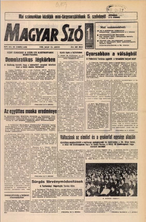 Magyar Szó, 45. évf. 1988. január 22. 20. sz. 1–20. oldal