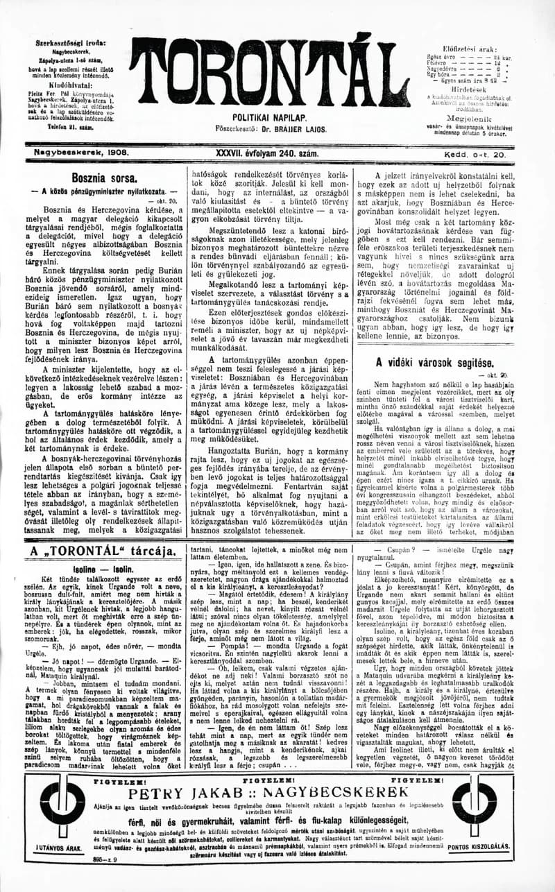 Torontál, 37. évf. 1908. október 20. 240. sz.