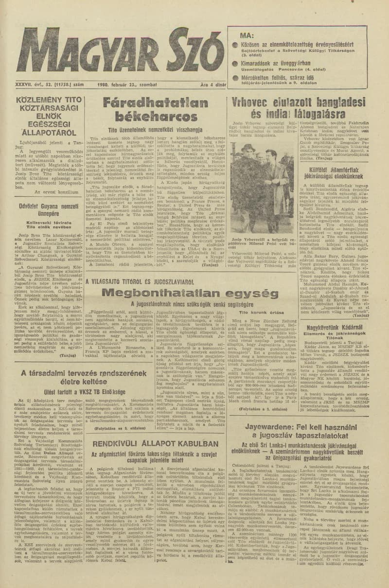 Magyar Szó, 37. évf. 1980. február 23. 52. sz. 1–20. oldal