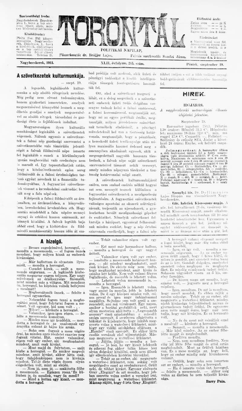 Torontál, 42. évf. 1913. szeptember 19. 215. sz.