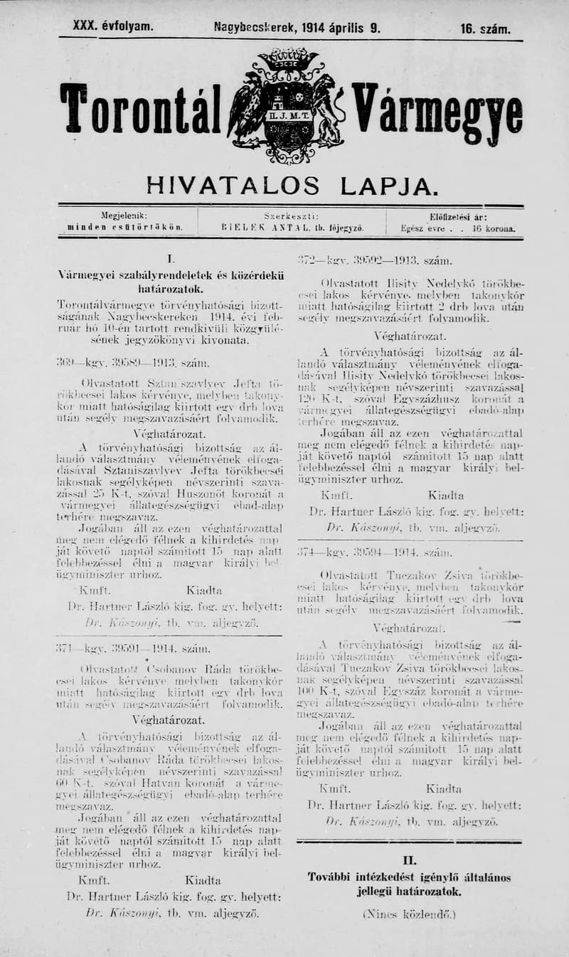 Torontál Vármegye Hivatalos Lapja, 30. évf. 1914. április 9. 16. sz.