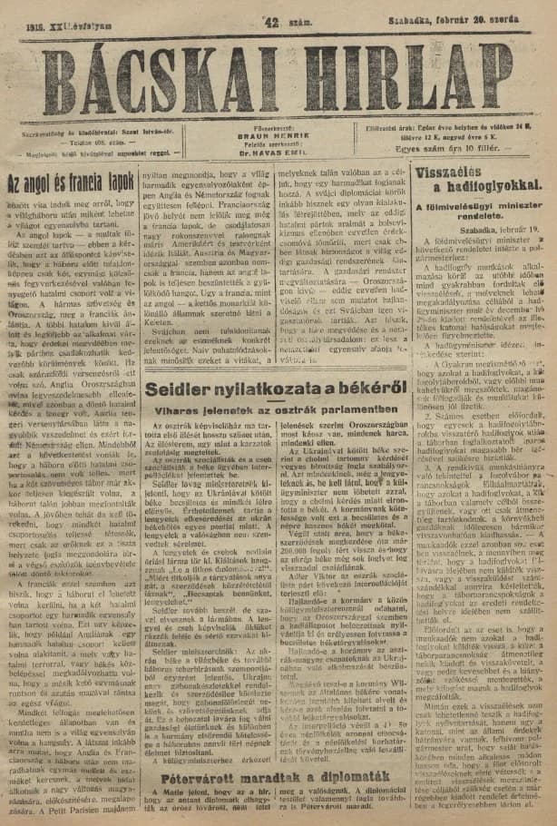 Bácskai Hirlap, 22. évf. 1918. február 20. 42. sz.