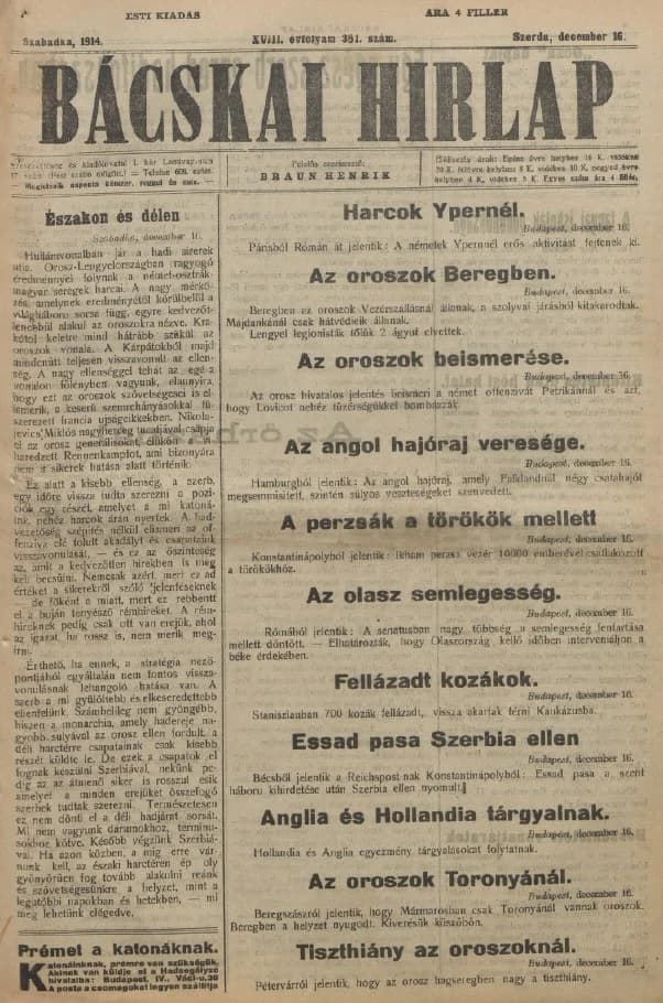 Bácskai Hirlap, 18. évf. 1914. december 16. 351. sz.