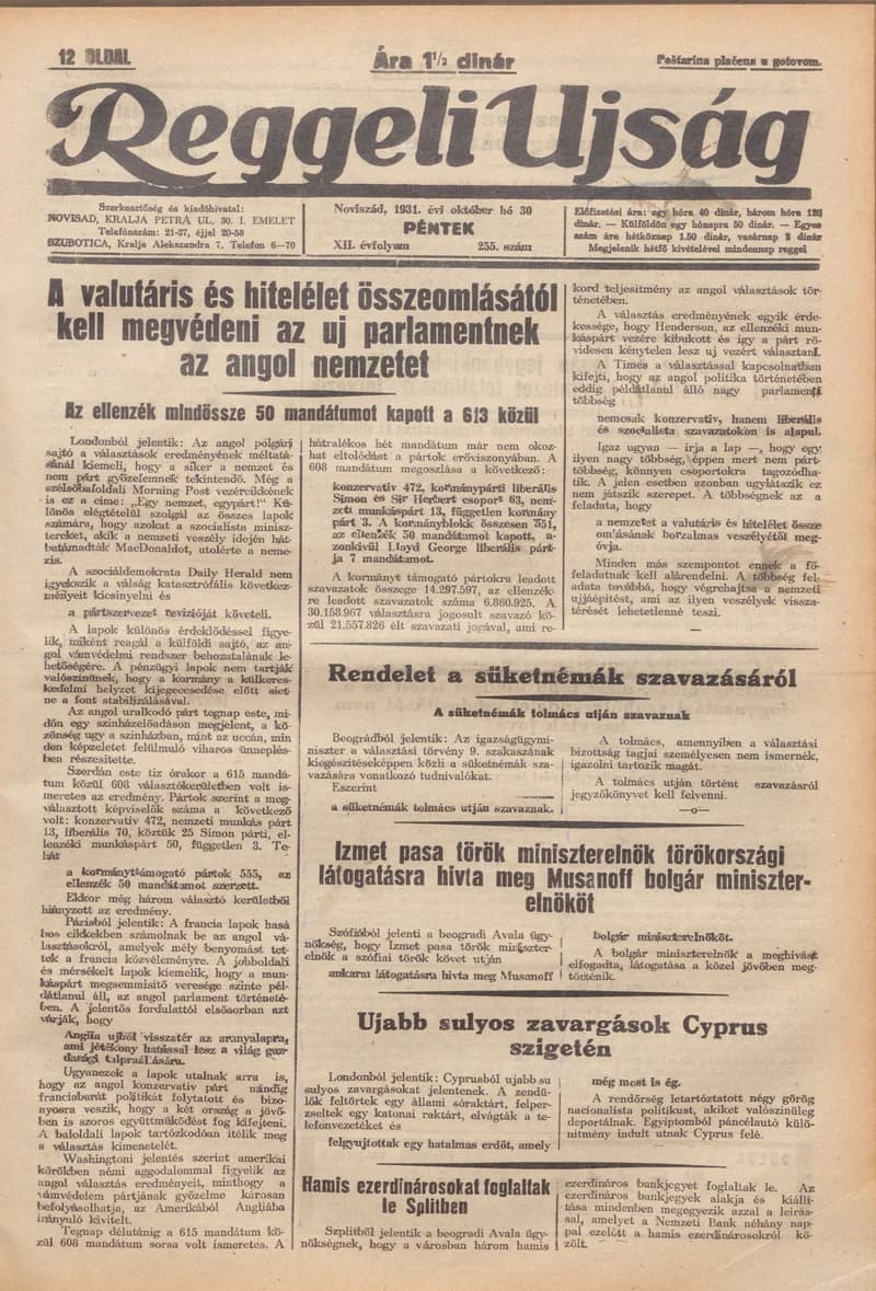 Reggeli Újság, 12. évf. 1931. október 30. 255. sz.