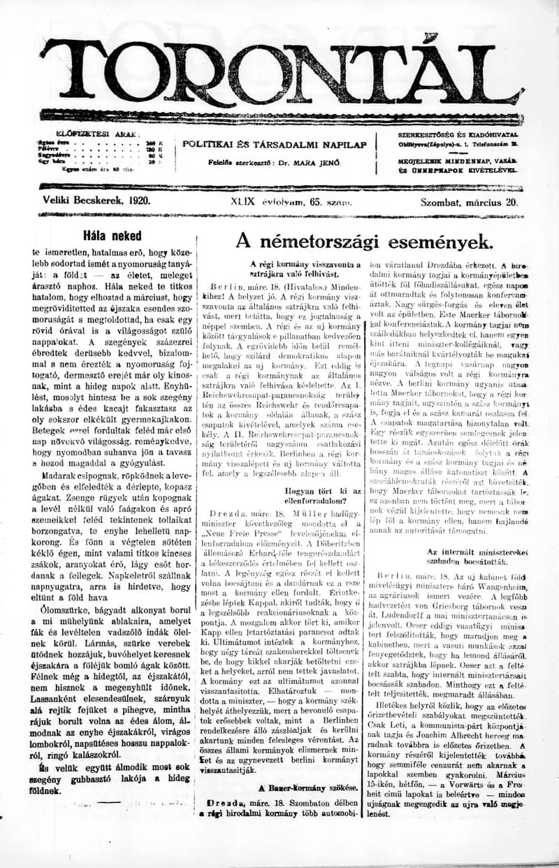 Torontál, 49. évf. 1920. március 20. 65. sz.