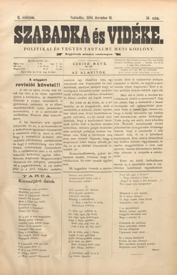 Szabadka és vidéke II, 2. évf. 1894. december 16. 50. sz.
