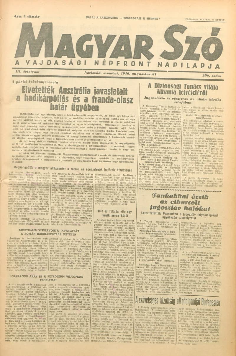 Magyar Szó, 3. évf. 1946. augusztus 31. 206. sz. 1–6. oldal