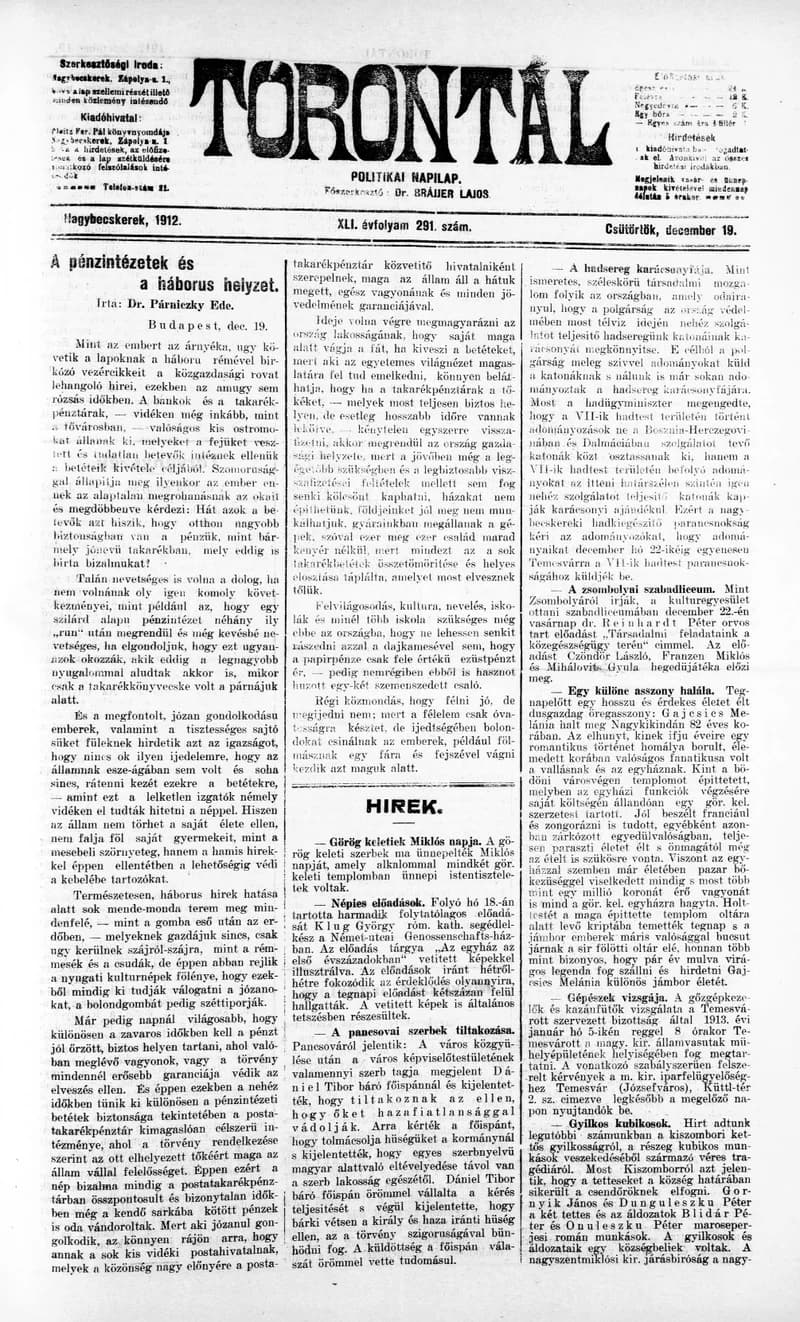 Torontál, 41. évf. 1912. december 19. 291. sz.