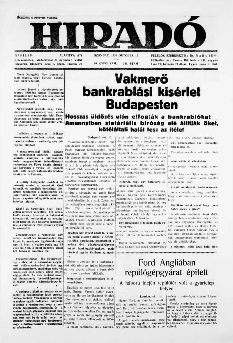 Híradó, 60. évf. 1931. október 17. 240. sz.