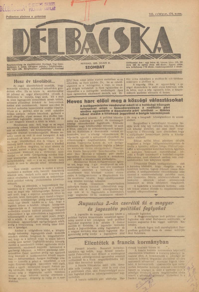 Délbácska, 7. évf. 1926. július 31. 174. sz.