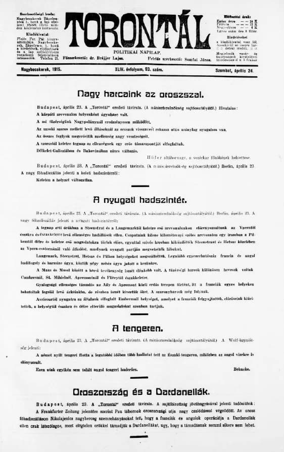 Torontál, 44. évf. 1915. április 24. 93. sz.