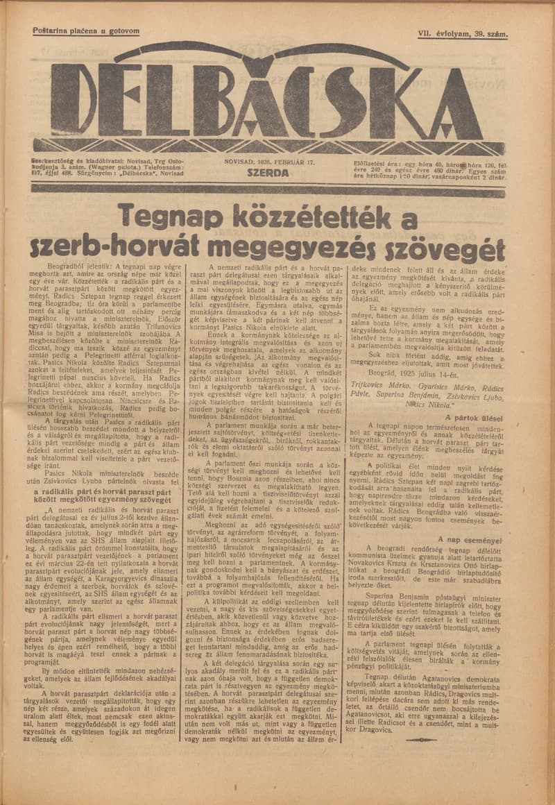 Délbácska, 7. évf. 1926. február 17. 39. sz.