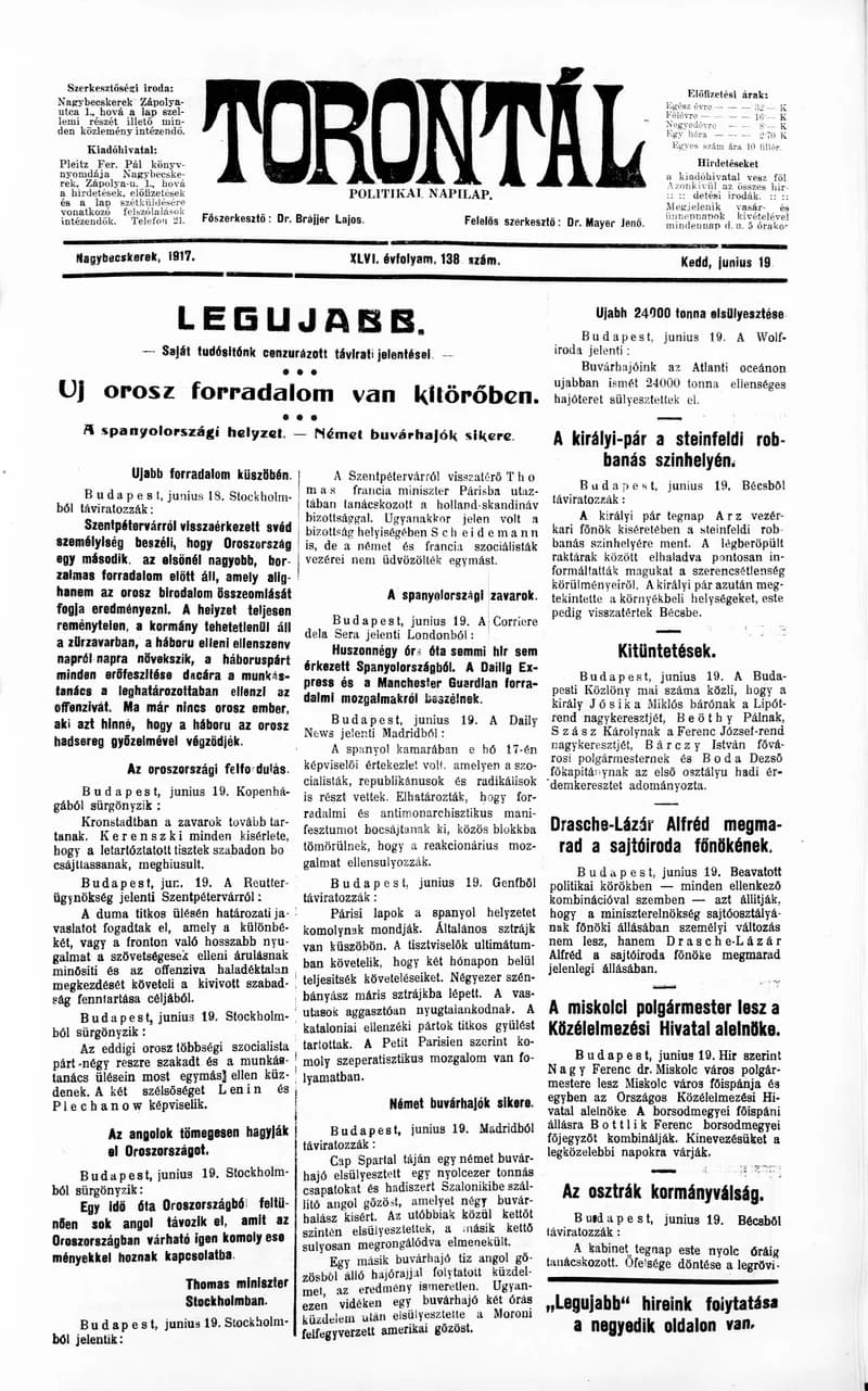 Torontál, 46. évf. 1917. június 19. 138. sz.