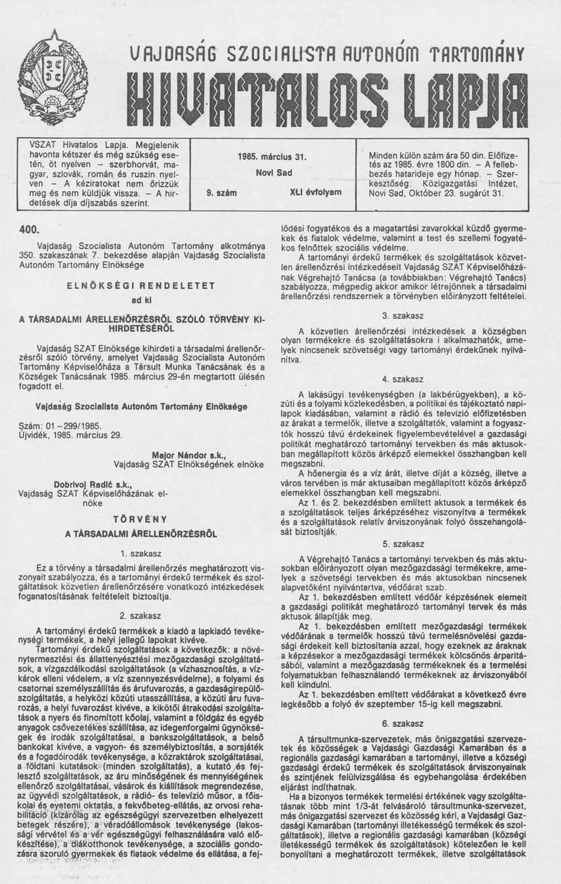 Vajdaság Szocialista Autonóm Tartomány Hivatalos Lapja, 41. évf. 1985. március 31. 9. sz.
