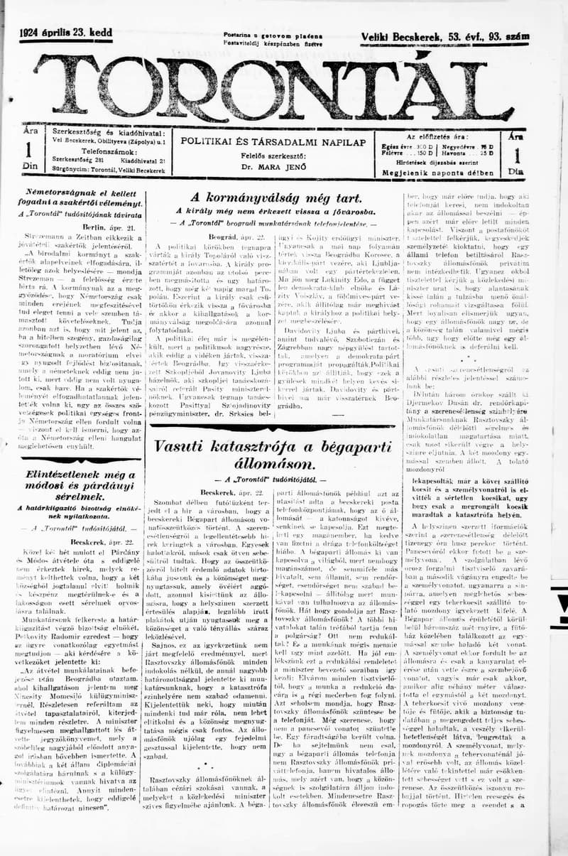 Torontál, 53. évf. 1924. április 23. 93. sz.