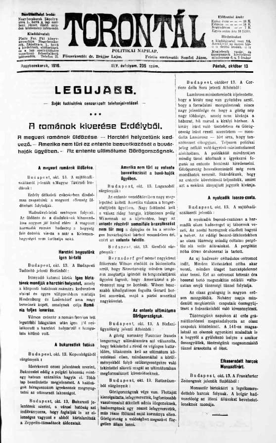 Torontál, 45. évf. 1916. október 13. 235. sz.