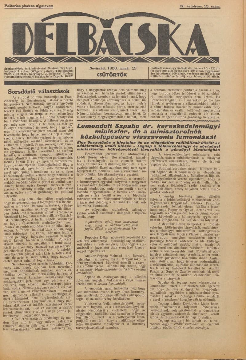Délbácska, 9. évf. 1928. január 19. 15. sz.