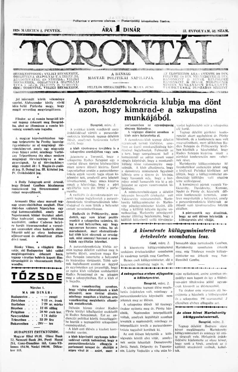 Torontál, 57. évf. 1928. március 2. 52. sz.