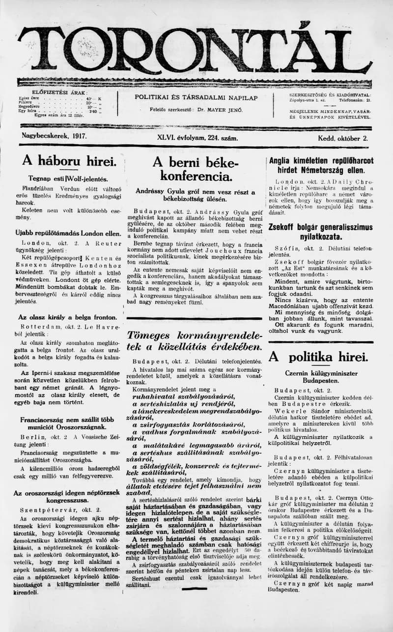 Torontál, 46. évf. 1917. október 2. 224. sz.