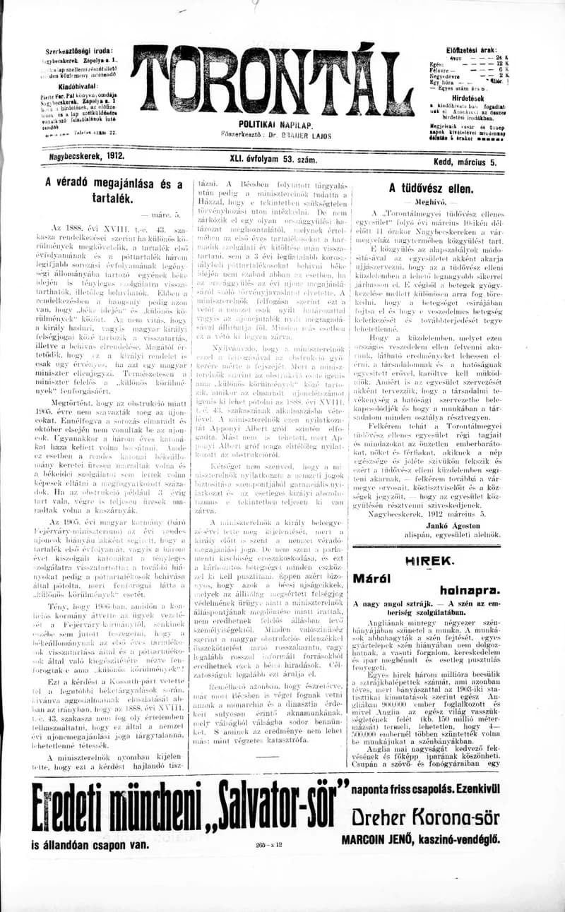 Torontál, 41. évf. 1912. március 5. 53. sz.