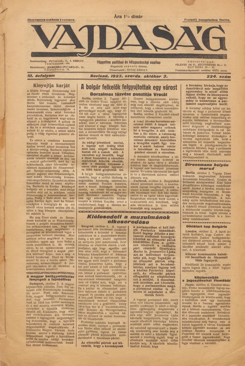 Vajdaság, 3. évf. 1923. október 3. 224. sz.