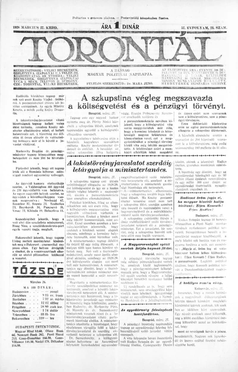 Torontál, 57. évf. 1928. március 27. 73. sz.