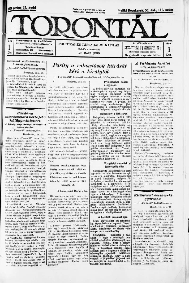 Torontál, 53. évf. 1924. június 24. 141. sz.