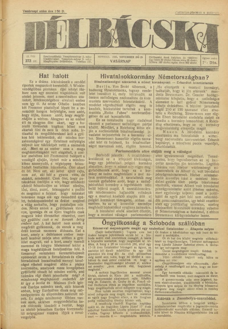 Délbácska, 4. évf. 1923. november 25. 272. sz.