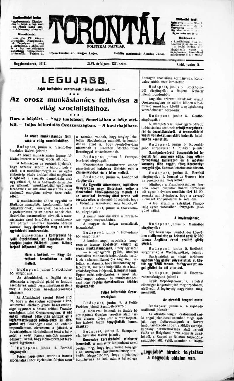 Torontál, 46. évf. 1917. június 5. 127. sz.