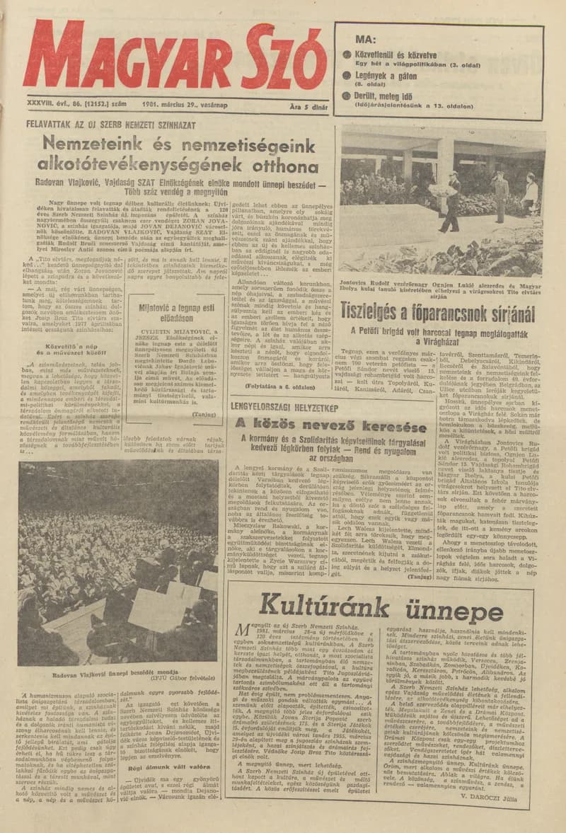 Magyar Szó, 38. évf. 1981. március 29. 86. sz.